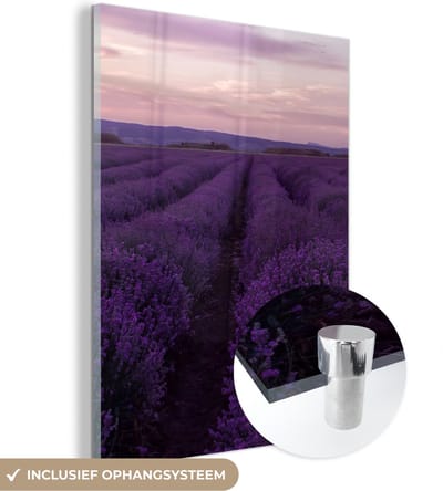 MuchoWow® Glasschilderij 30x40 cm - Schilderij acrylglas - Lavendel - Paars - Bloemen - Natuur - Foto op glas - Schilderijen