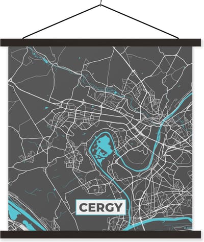 Posterhanger incl. Poster 60x60 cm - Schoolplaat - Cergy - Plattegrond - Kaart - Stadskaart - Frankrijk - Textielposter - Zwarte latten - Stadskaart