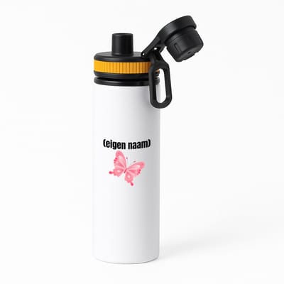 Hacebo® - roze vlinder met eigen naam waterfles met draaidop oranje - Vlinder - dieren liefhebber - iemand die houdt van vlinders - verjaardag - cadeau - kado - geschenk - water fles - 850ML