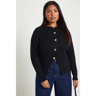 boohoo Dames Plus Gebreid Vest met Gouden Knopen en Ronde Hals | Black | Maat: 28