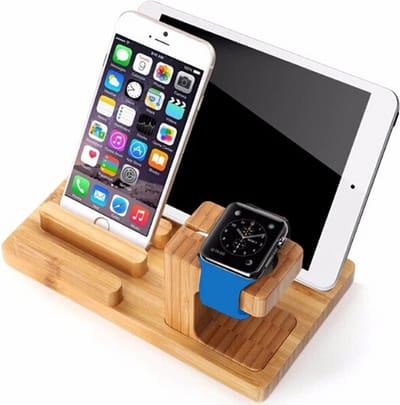 DrPhone SmartHold – 4 In 1 Houder met 4 USB Poorten - Bamboe Houten Design Houder – Geschikt Voor Smartphones/ iOS Smartwatch 38/40/41/42/44/45mm/ Tablet / Stylus Pen – Licht bruin