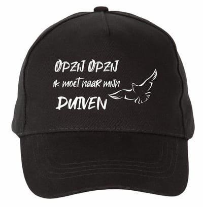 Mijncadeautje - 5 panel - Cap - Verstelbaar - Pet van 100% dik geborsteld katoen- unisex - opdruk wit - opzij opzij naar mijn duiven - zwart