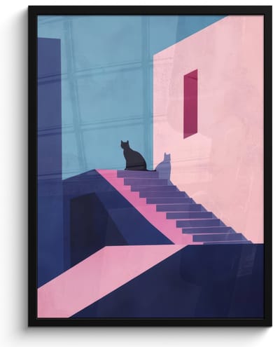 Poster in lijst - Fotolijst 60x80 cm - Posters - Kat - Trap - Gebouwen - Schaduwcontrasten - Posterlijst zwart - Decoratie - Wanddecoratie woonkamer - Muurdecoratie slaapkamer