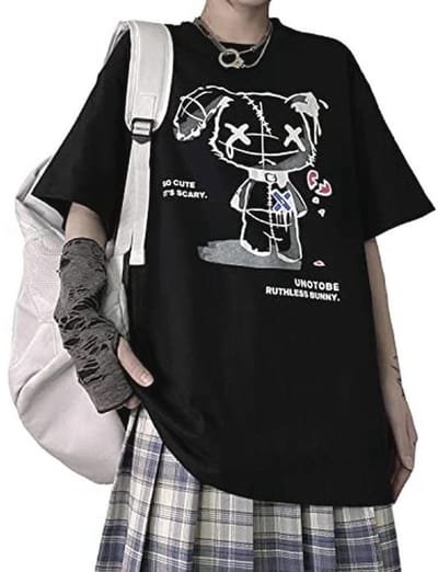 Vrouwen Grunge T-shirt met Gothic Beer Print – Trendy Harajuku Stijl