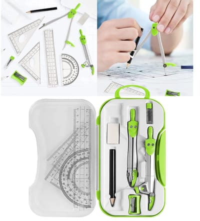 WiseGoods Premium Wiskunde School Set 10in1 - Passer - Geodriehoek - Liniaal - Potlood - Gum - Schoolspullen Middelbare - Groen