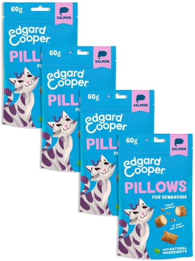 Edgard Cooper natuurlijke kattensnoepjes, Pillows Zalm 4 x 60g, boordevol vers vlees, graanvrije lekkernijen voor een beloning, minder dan 2 kcal per lekkernij, natuurlijke ingrediënten, geen toegevoegde suiker