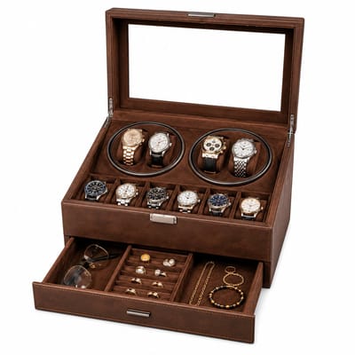 Gloovon® Watchwinder - Horlogewinder voor 4 Automatische Horloges - Inclusief 6 Extra Vakken & Sieradenlade - LED & Stop-functie - USB-C - Bruin