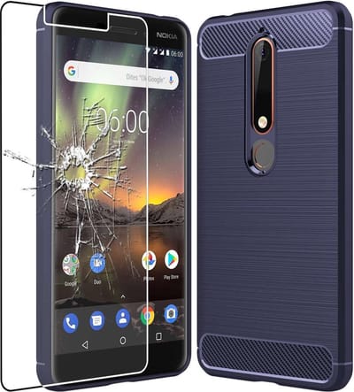 ebestStar - Hoes geschikt voor Nokia Nokia 6 (2018), TPU Bescherming Cover, Koolstof Design Hoesje, Donkerblauw + Gehard Glas