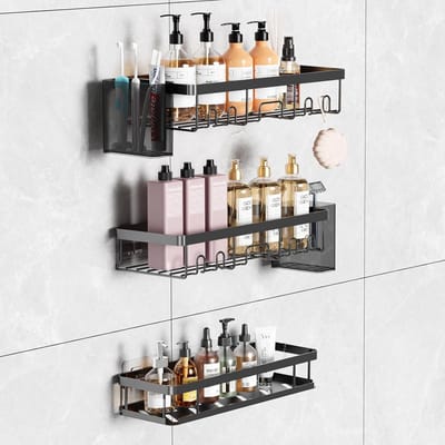 Famanu – Douche organizer set van 5, boorvrij zelfklevend, 2 sneldrogende planken + 1 grote douchemand + 2 houders, zwart
