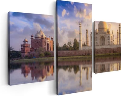 Artaza Canvas Schilderij Drieluik Taj Mahal bij het Water in India - 90x60 cm - Wanddecoratie Woonkamer - Schilderijen - Muurdecoratie