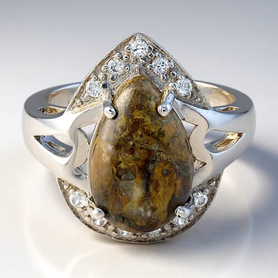 Cavill - Zilveren ring - 925 Sterling Zilver - Dinosaurus kwarts 6,41 ct & 11 Cambodjaanse zirkonen 0,41 ct - Elegante druppelvorm