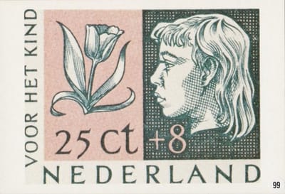 Briefkaart met afbeelding meisjeskopje met tulp postzegel