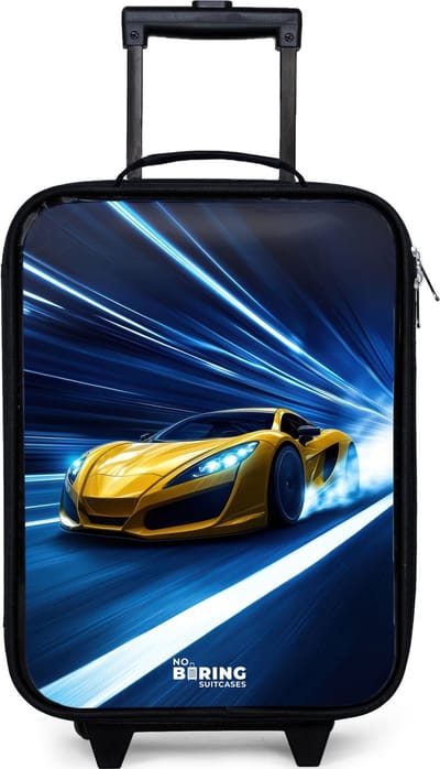 NoBoringSuitcases.com® - Kinderkoffer jongen - Kindertrolley meisje - Gele sportwagen in lichttunnel van snelheid - Koffer kind lichtgewicht - Reiskoffer trolley voor kinderen - Koffertje met lichtgevende wieltjes - Rolkoffer zwart