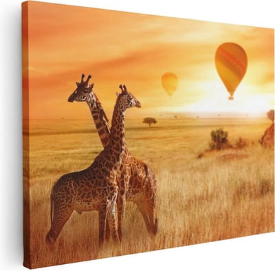 Artaza Canvas Schilderij Afrika - 40x30 cm - Klein - Wanddecoratie Giraffe - Muurdecoratie Zonsondergang - Schilderijen Op Canvas