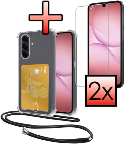 Hoes Geschikt voor Samsung Galaxy A17 Hoesje Pasjeshouder Cover Met Koord Shock Proof Case Siliconen Hoes Met Telefoonkoord en Kaarthouder Met 2x Screenprotector - Transparant