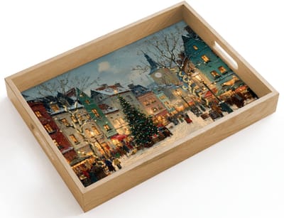 Dienblad hout 40x30 cm - Schootdienblad - Kerstsfeer - Stadsplein - Kleurrijk - Borrelplank rechthoek - Plateau dienbladen