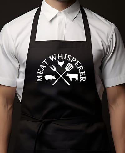 Keukenschort Zwart | 65x90cm | MEAT WHISPERER | 100% katoen | Schort / Keukenschorten | Verjaardags cadeau | BBQ - VADERDAG - MOEDERDAG - Met tekst