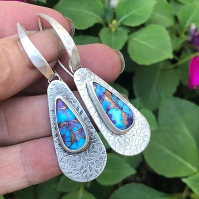 Etnische Waterdruppels Blauw Groene Steen Boho Oorbellen Zilverkleurig Metaal Carving Takken Bloem Hangende Oorbellen Voor Vrouwen