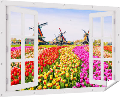 Gards Tuinposter Doorkijk Kleurrijke Tulpen Bloemenveld - Windmolen - 180x120 cm - Tuindoek - Tuindecoratie - Wanddecoratie buiten - Tuinschilderij
