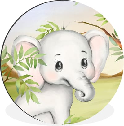 WallCircle - Wandcirkel - Muurcirkel - Olifant - Jungle - Bladeren - Aluminium - Dibond - 30x30 cm - Binnen en Buiten