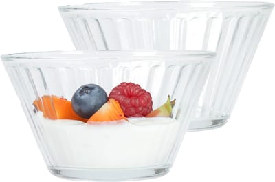 Excellent Houseware Kommetje/serveer schaaltje - 12x - ontbijt/hapjes - glas - streep relief - 300 ml