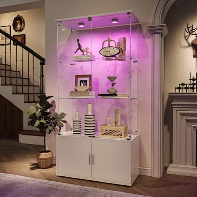 Glazen vitrinekast met LED-verlichting, slot en gehard glas, 3 niveaus, geschikt voor woonkamer en slaapkamer, 78x35x164 cm, wit