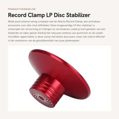 Dailygoods - Record Clamp - LP Disc Stabilizer - Vibration Reducer - Rood - Geluidsverbetering - Geschikt voor audio systemen - 33 cm hoog