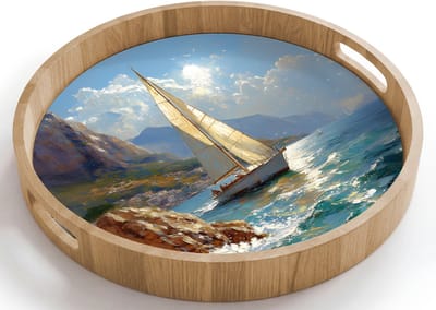 Dienblad rond 40x40 cm - Schootdienblad hout - Zeilschip - Zee - Rotsen - Wolken - Borrelplank rechthoek - Plateau houten dienbladen