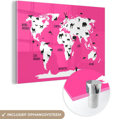 ® Glasschilderij 150x100 cm - Schilderij acrylglas - Wereldkaart Kinderen - Dieren - Roze - Foto op glas - Muurdecoratie woonkamer - Wanddecoratie slaapkamer - Schilderijen