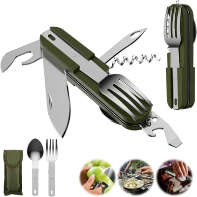 Draagbare 7-in-1 Camping Bestekset van RVS met Vouwmes, Vork, Lepel en Kurkentrekker voor Hiking en Survival Activiteiten