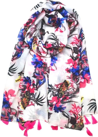 Lange dames sjaal Corrie gebloemd motief fuchsia wit blauw geel grijs taupe zwart