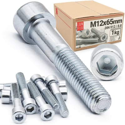 LUN FIX - Zylinderkopfschrauben met inbus - M 12 x 65 mm - deelgewinde - 1 kg (14 stuks) - verzinkt staal - metrische ISO-draad DIN 912 rechtsdraad