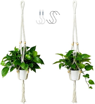 2-Pack Macramé Plantenhangers met Kwast, Boho Hangpotten met 4 Haken voor Binnen, Handgeweven Katoenen Touw Houder voor Home Decor (Zonder Pot)