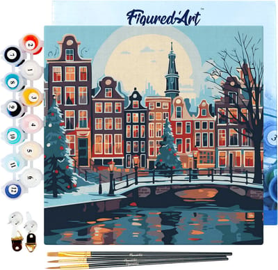 Figured'Art Mini Schilderen op Nummer Volwassenen 20x20cm met lijst Kerst in Amsterdam - Klein Formaat Creatieve Hobby Kit DIY Art Nummer Compleet