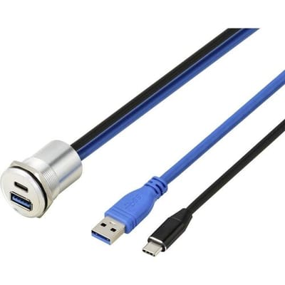 TC-14378456 TRU COMPONENTS USB 3.1 type-C® & USB 3.0 type-A inbouwbus, bus/stekker, 25 mm, 95 cm kabel, zilver 1 stuk(s)