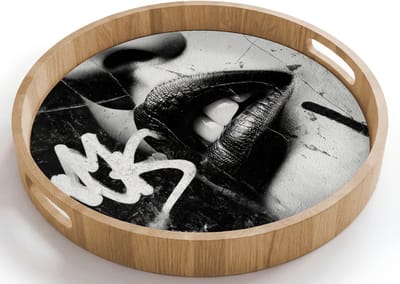 Dienblad rond 40x40 cm - Schootdienblad hout - Gezicht - Mond - Graffiti - Zwart - Borrelplank rechthoek - Plateau houten dienbladen