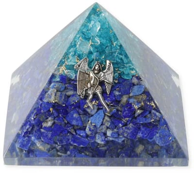 Orgoniet piramide lapis lazuli en aquamarijn met engel Michaël – 7 cm x 7 cm x 6 cm