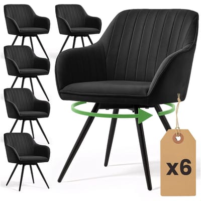 Set van 6 Draaistoelen TURNO met Armleuningen / Eetkamerstoelen / Gestoffeerde Stoelen / Fluwelen Stoelen en Metalen Poten / Zwart met zwarte benen