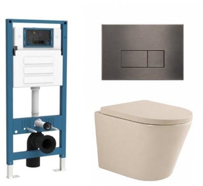 QeramiQ Dely Toiletset - inbouwreservoir Qeramiq Flush - 35mm zitting - metaal gunmetal bedieningsplaat - rechthoekige knoppen - beige