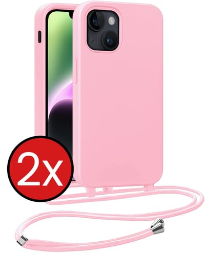 Hoesje Geschikt voor iPhone 13 Mini Hoesje Siliconen Case Met Koord - Hoes Geschikt voor iPhone 13 Mini Hoesje Backcover Met Telefoonkoord - Lichtroze - 2 PACK