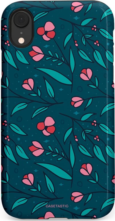 Casetastic hoesje geschikt voor Apple iPhone XR - Dubbellaagse bescherming - Blauwe Groene Bloemenpracht - Fashion Case - Petrol Donkergrijs