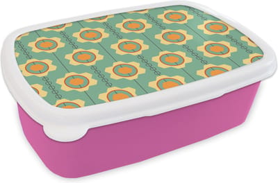 Broodtrommel Roze - Lunchbox - Brooddoos - Zonnebloem - Patronen - Tandwielen - Retro - 18x12x6 cm - Kinderen - Meisje