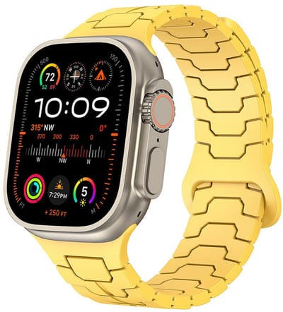 Siliconen bandje - geschikt voor Apple Watch series 1/2/3/4/5/6/7/8/9/10/11/ SE (1,2,3) / Ultra (1,2,3) met maat 44 mm / 45 mm / 46 mm / 49 mm - magneet sluiting - geel