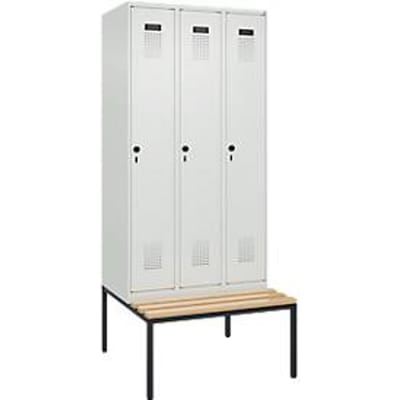 C+P Evolo Plus kledingkast, 3 vakken, 300 mm vakbreedte, met bank eronder, B 900 x D 815 x H 2120 mm, draaischroef, lichtgrijs/lichtgrijs