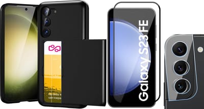 Hoesje met Pasjeshouder geschikt voor Samsung Galaxy S23 FE - Screenprotector FullGuard & Camera Lens Screen Protector - Back Cover SlideCase Zwart