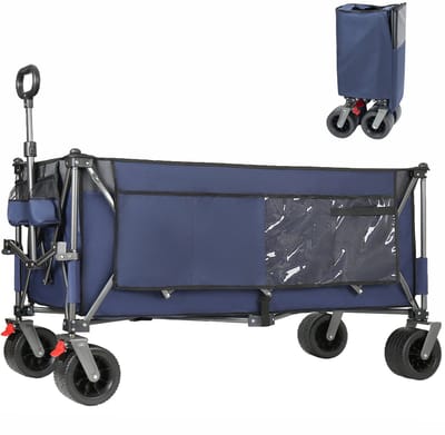 Tuinkar Opvouwbaar – 300 L – 250 kg Draagvermogen – Staal – Blauwgrijs – Met Terreininwielen, Remmen En Opbergruimte