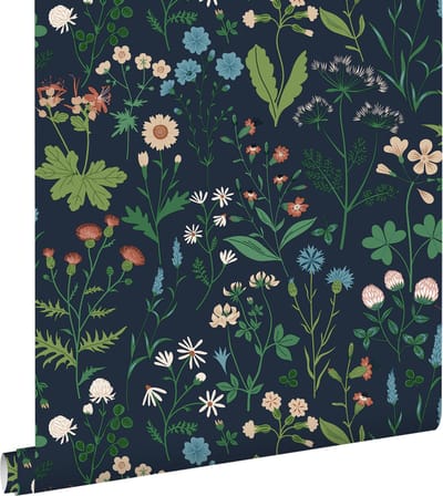 ESTAhome behang veldbloemen inktblauw en groen - 53 cm x 10.05 m - 139844
