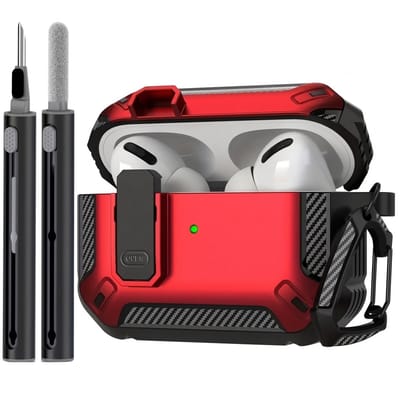 Rood robuust hoesje voor oordopjes met carbon look geschikt voor AirPods Pro 2 inclusief schoonmaakset en karabijnhaak – schokbestendig en duurzaam