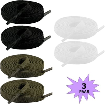 Fako Fashion - Schoenveters - Veters - Plat - 8mm - 120cm - 3 Paar - 6 Stuks - Army Groen, Wit & Zwart