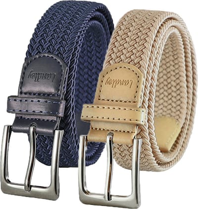 Landley Elastische Gevlochten Stretch Riemen Duopack - Voordeelset met 2 riemen - Dames en Heren - Blauw en Beige - Lengte totaal 100 cm / Riemmaat 85